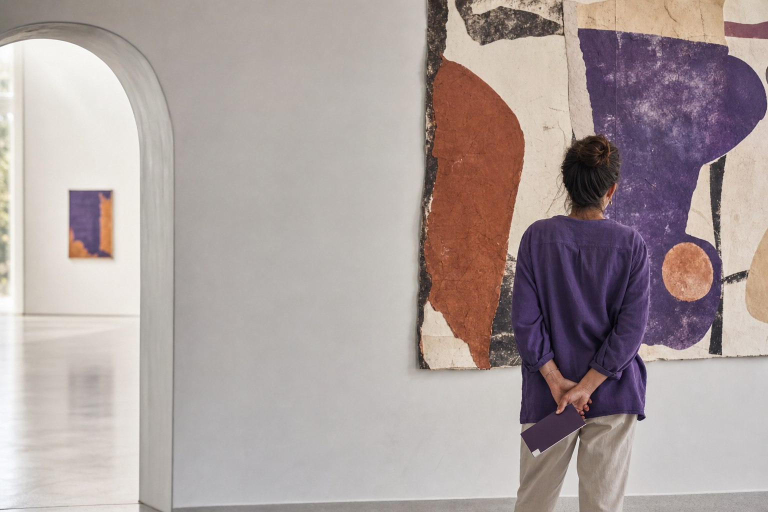 Bezoeker in paarse blouse kijkt naar een groot abstract werk met paarse en koperkleurige vormen