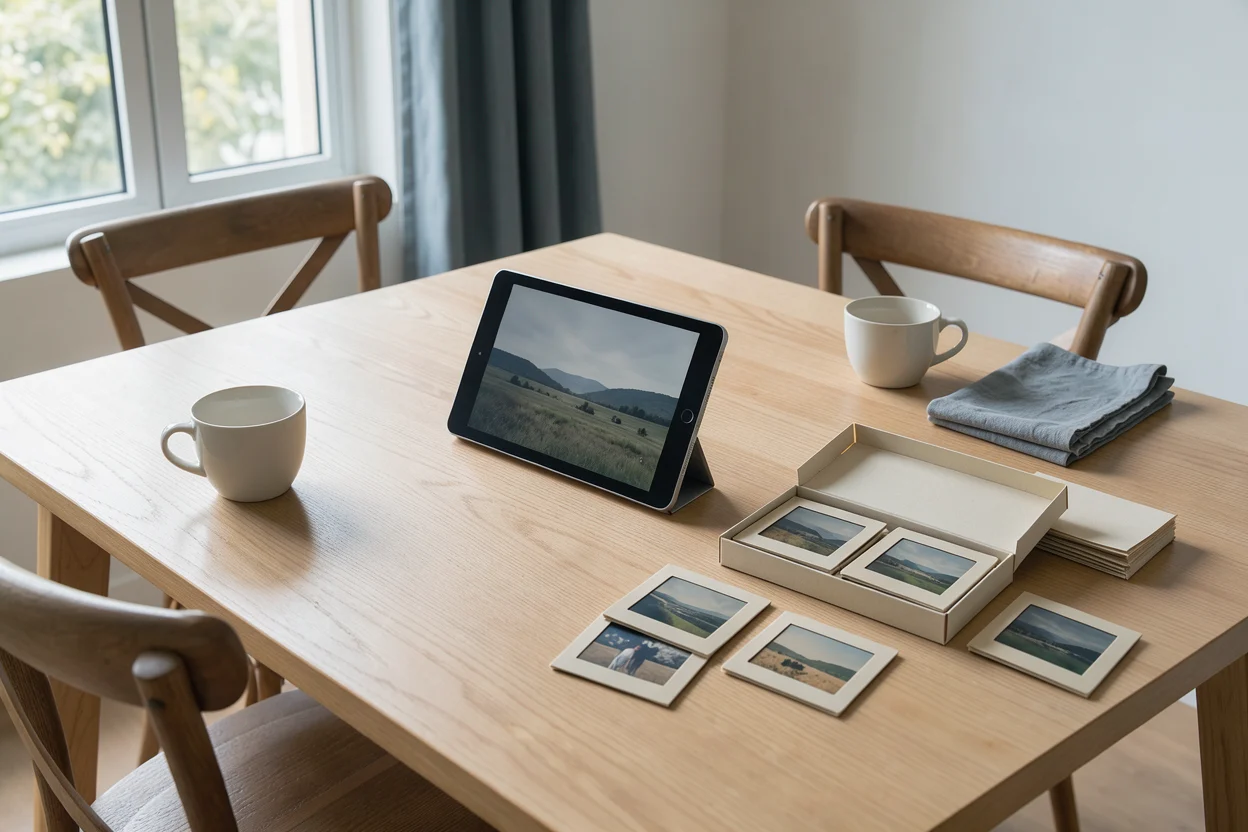 een tablet met een neutraal fotobeeld op een tafel naast een kleine diacollectie en twee lege koffiekopjes